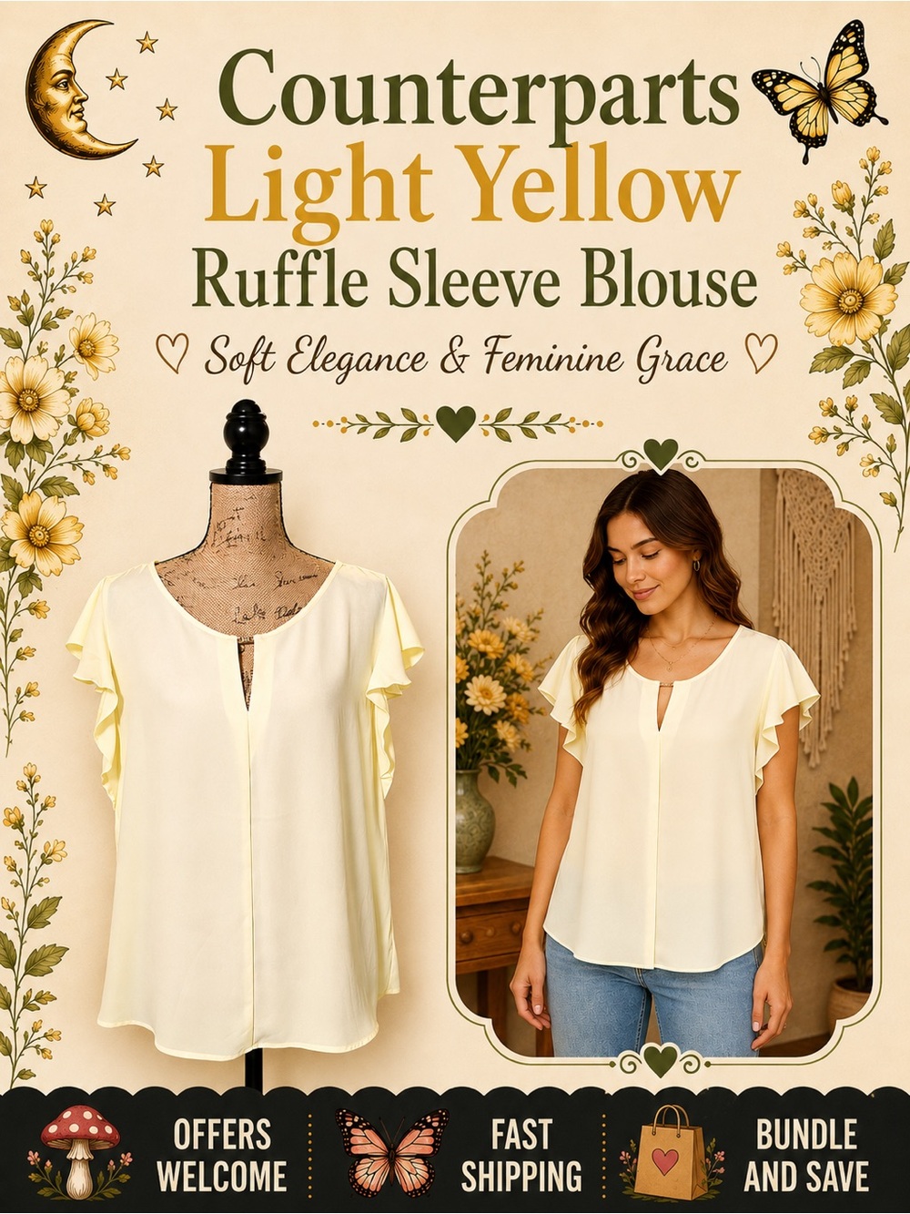 Counterparts Light Yellow Ruffle Sleeve Split Neck Blouse Women’s Top Size XL